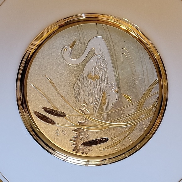 Vtg Art Of Chokin Decorative Plate 24K Gold Accents Swan Cattails Japan 6" - Picture 3 of 3